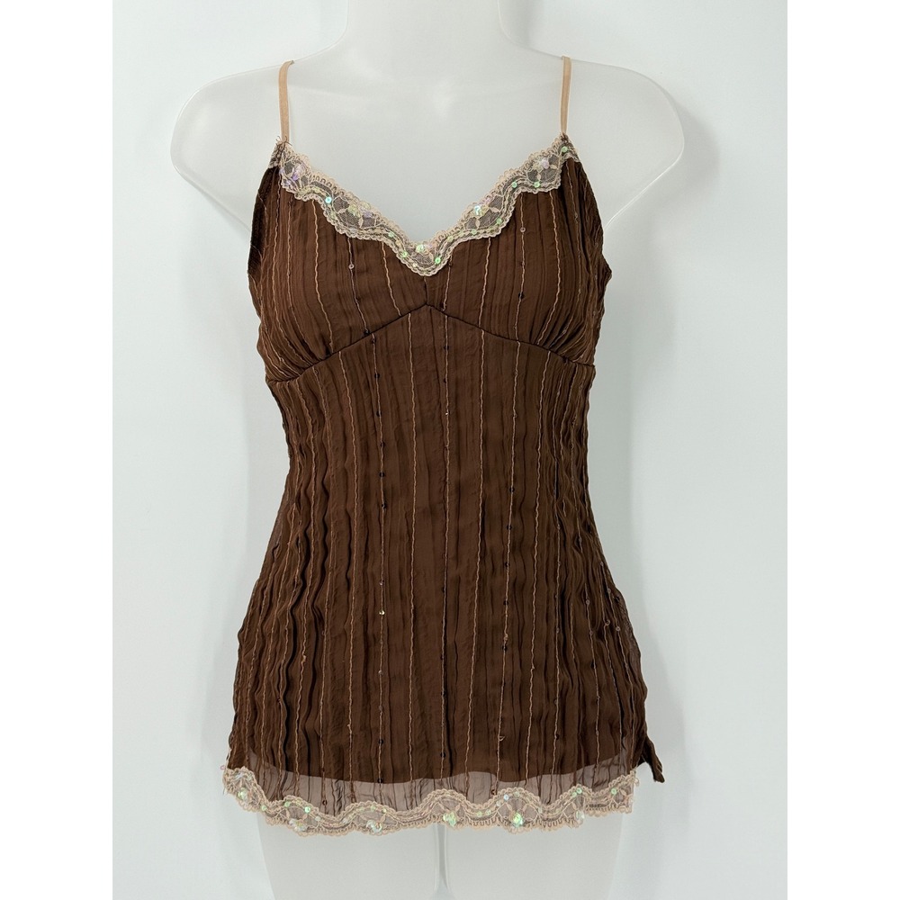 Vtg Y2K Babydoll Top Womens sz M Brown Forest Fairy Grunge Sequin Lace Trim Cami